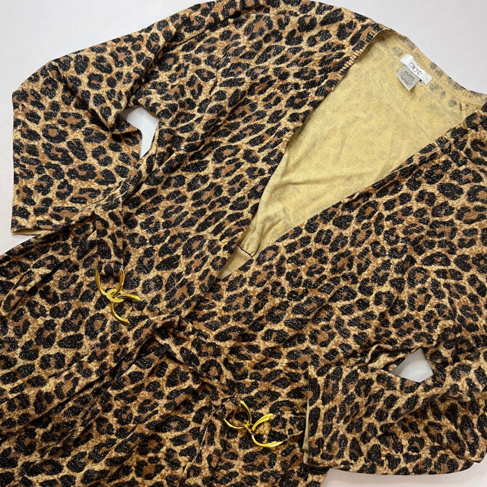 Cache Womens Leopard Print Shimmer Belted Cardigan | Size Large | Gold